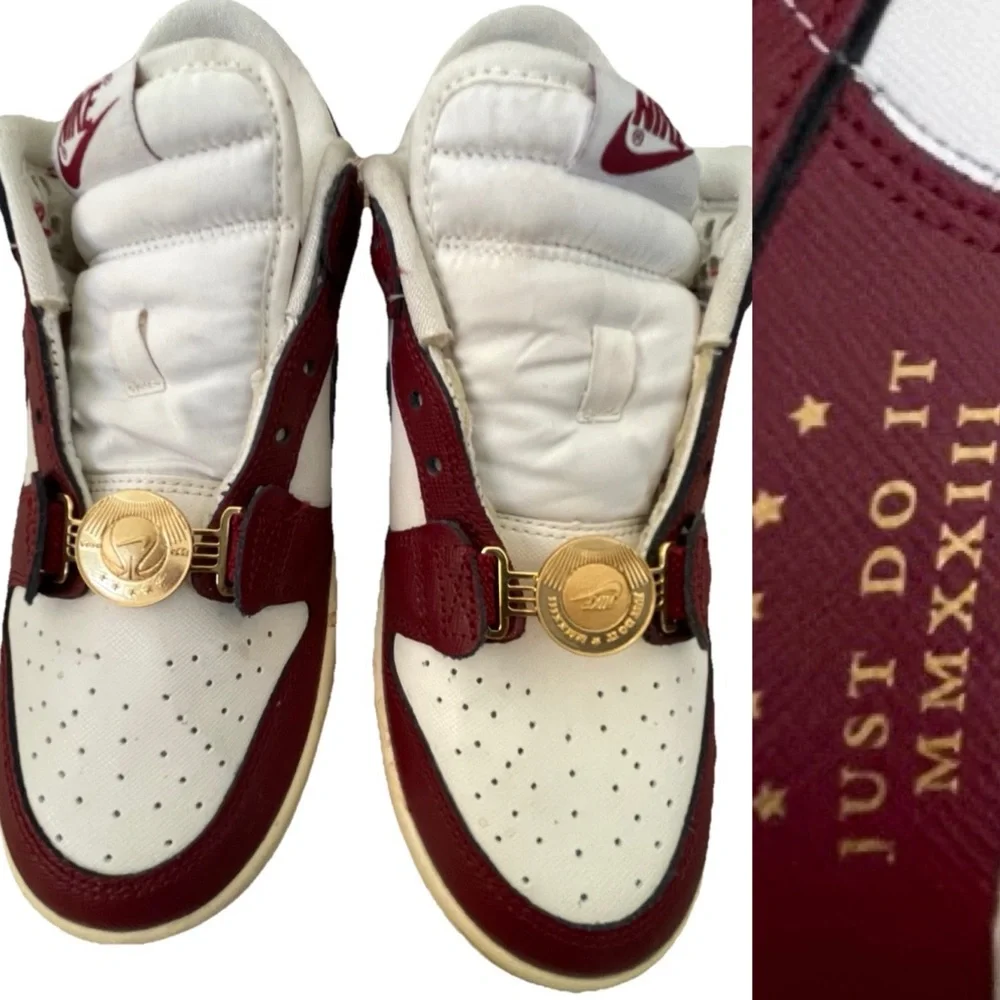 Nike Women’s White and Burgundy Sneakers with Gold Accents
